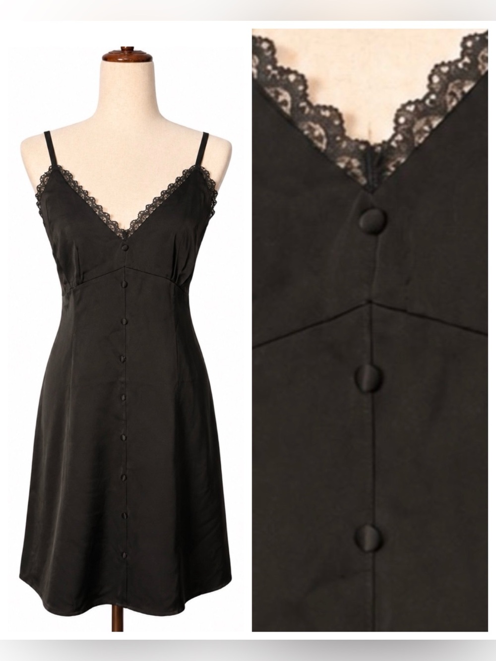 Button front tuxedo mini slip dress. Studio 19, spaghetti strap.  Scallop top- S